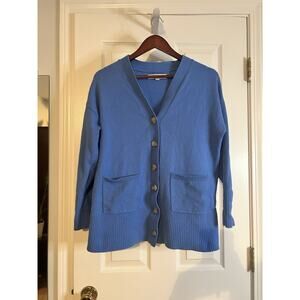 LOFT Women’s Medium Blue V Neck Button Front Cardigan Cotton Blend Pockets
